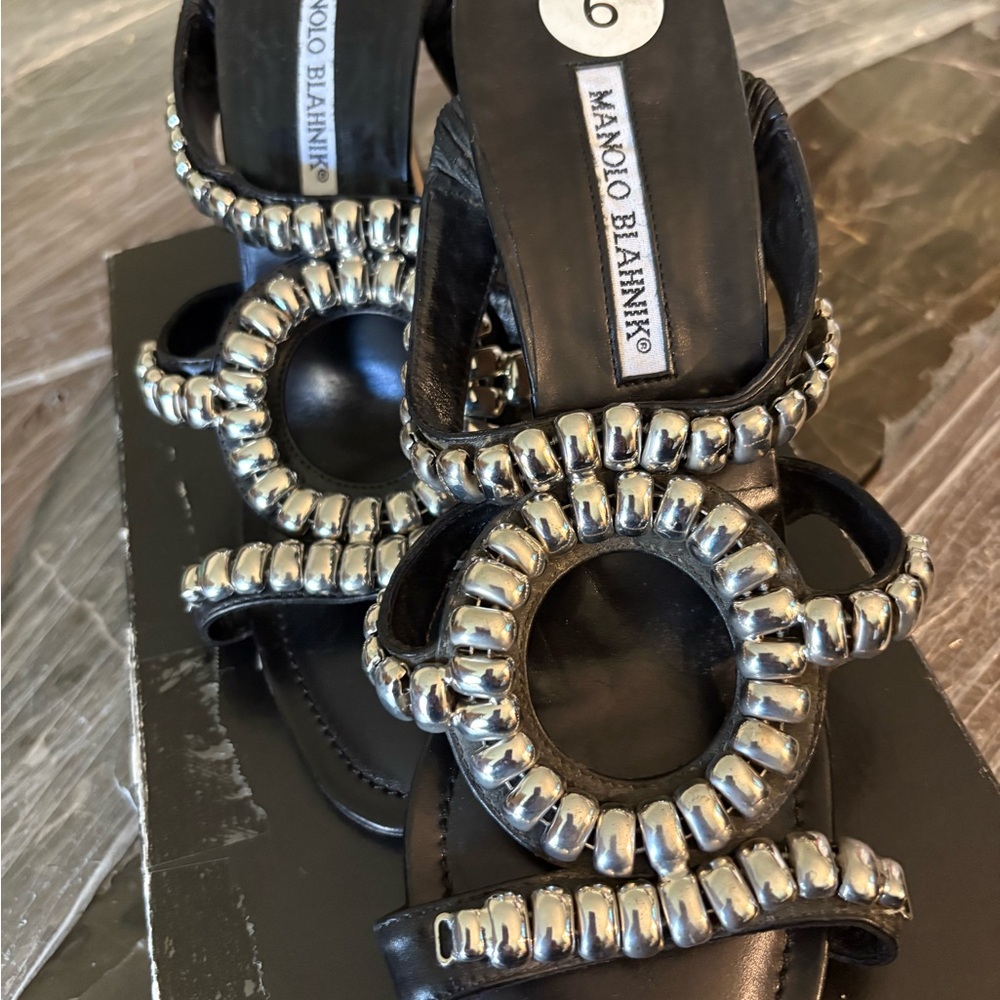 Manolo Blahnik Black and Silver Women's Sandals